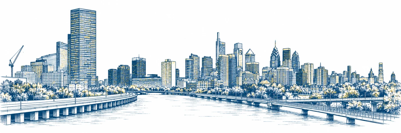 Blue-and-gold architectural drawing of the Philadelphia skyline